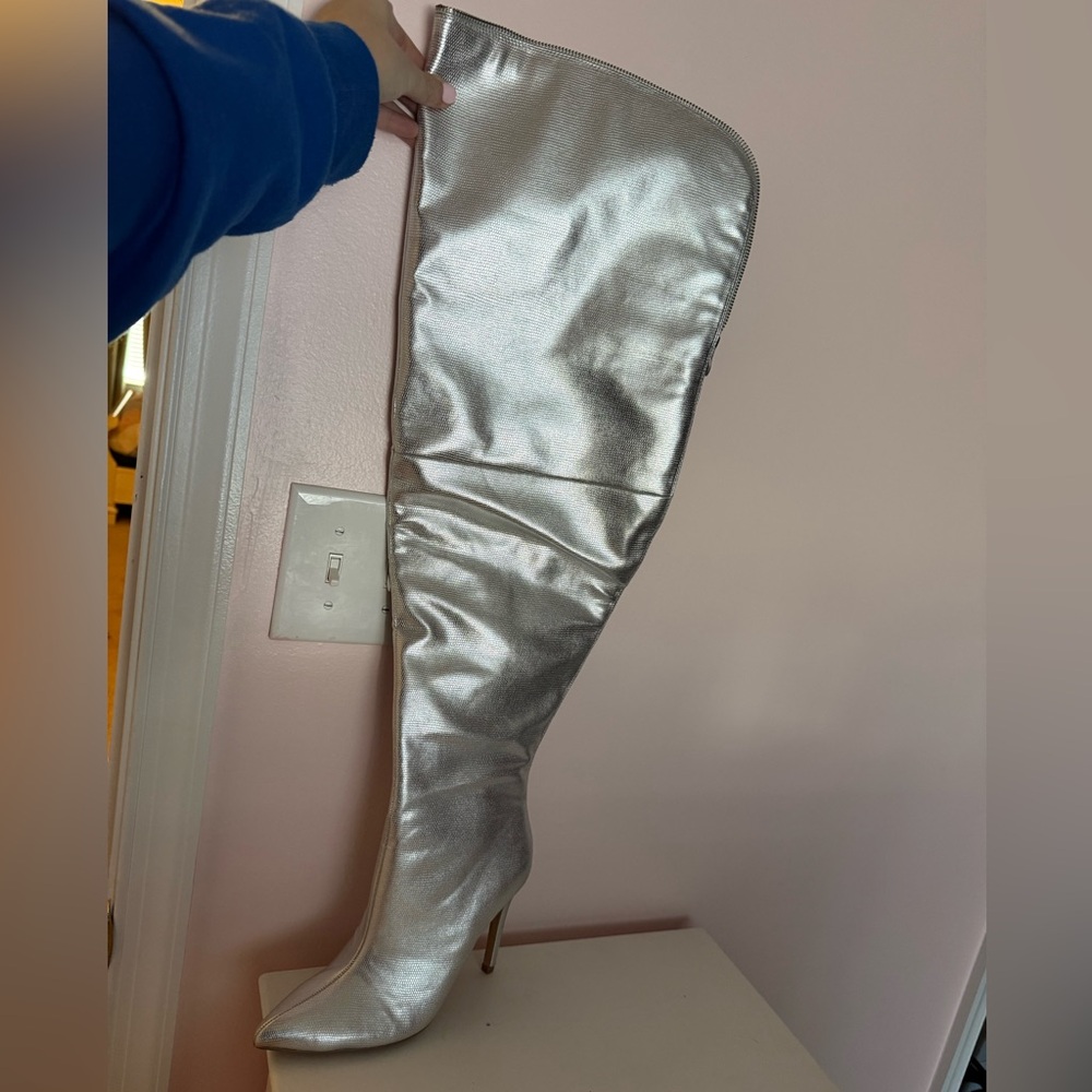 SOLD. Shoe Dazzle Shiny Silver Over-the-Knee Boots NEW IN BOX